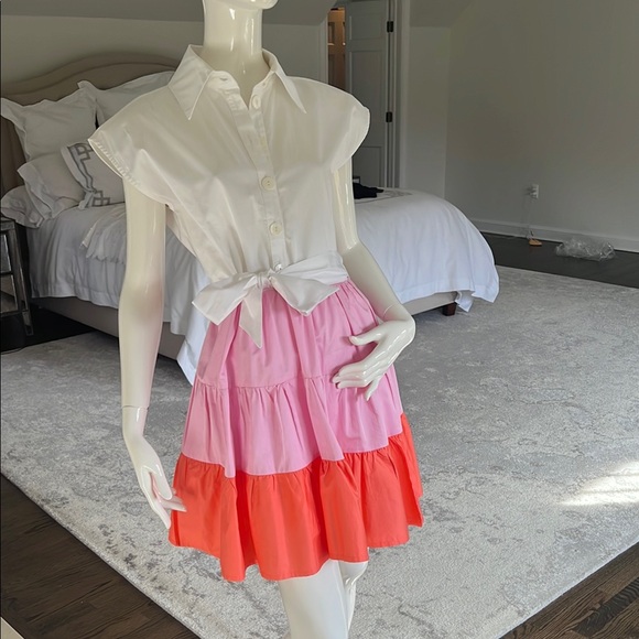 KASIA springtime midi dress with white button down top and colorful skirt